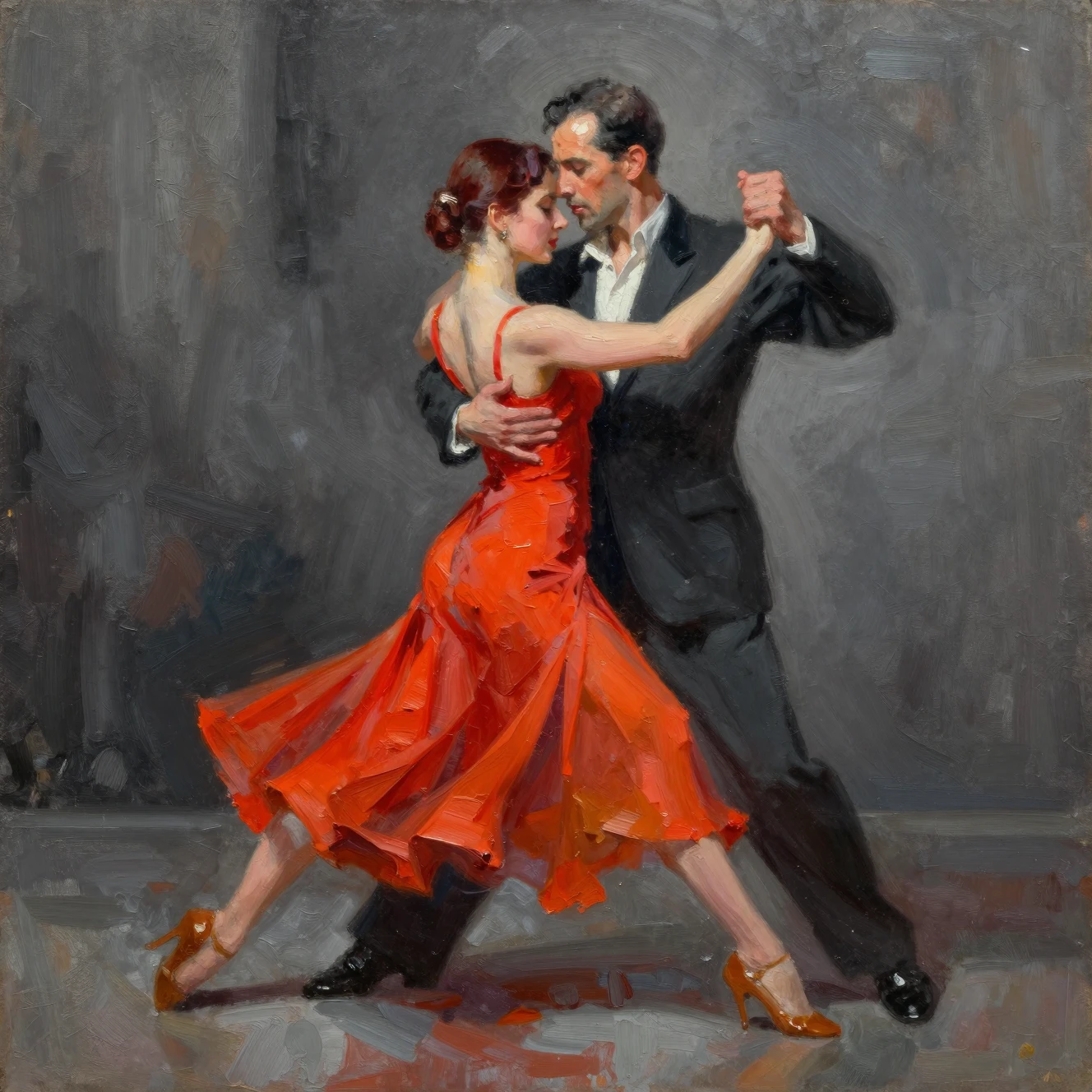 Coppia di tango appassionata in abito rosso in un dipinto a olio