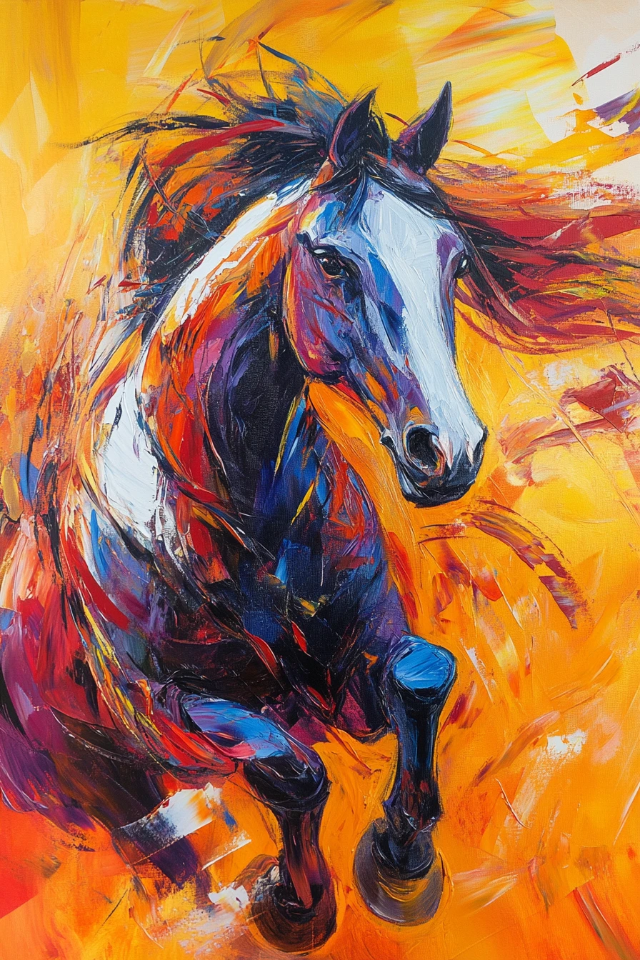 Abstract horse galloping through swirling fiery colors
