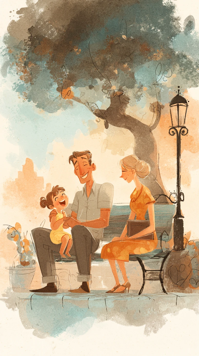 Father and daughter sharing laughter on a sunset bench