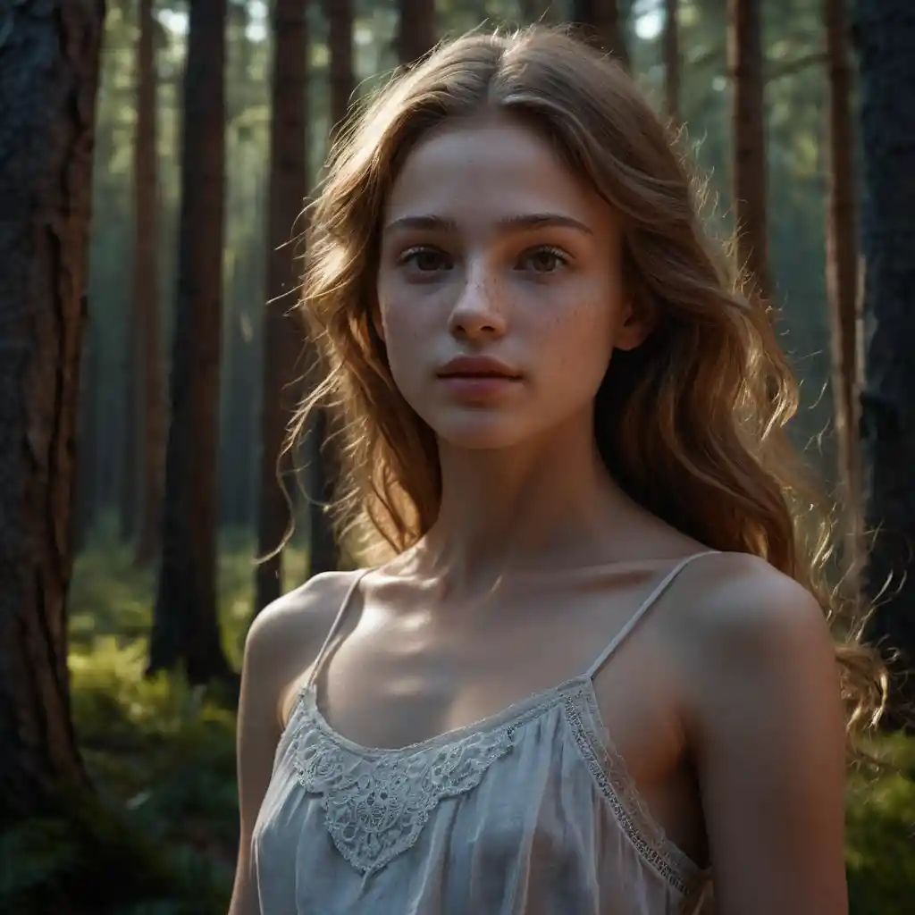Young spirit girl glowing in a dark coniferous forest