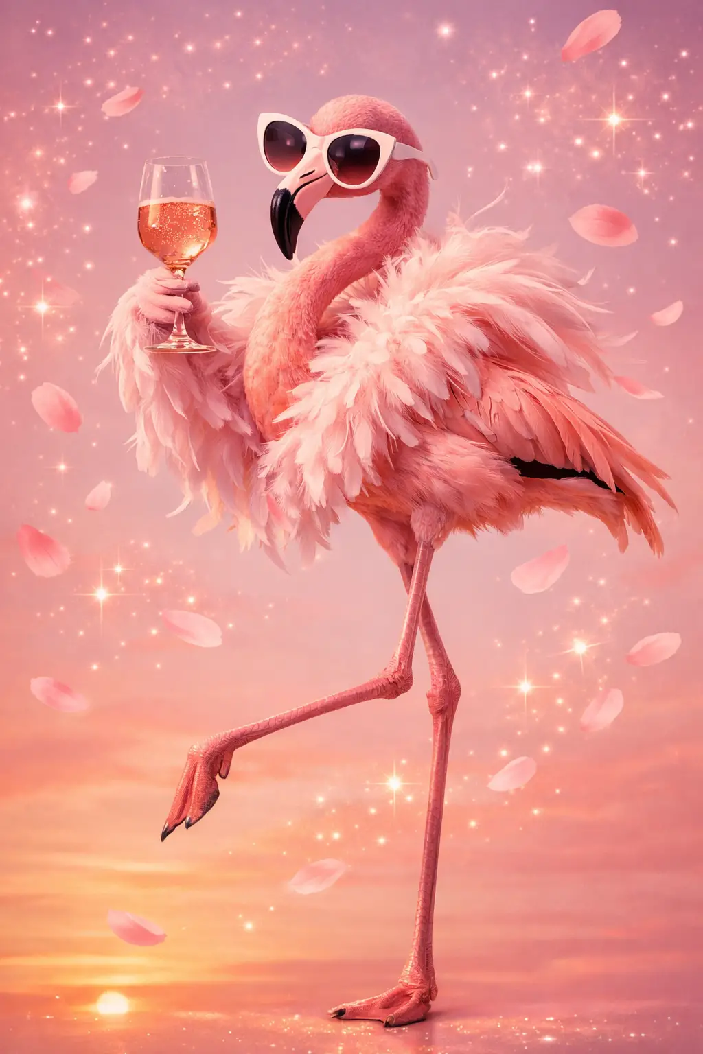 Glamouröser Flamingo mit Rosé und Sonnenbrille beim Sonnenuntergang