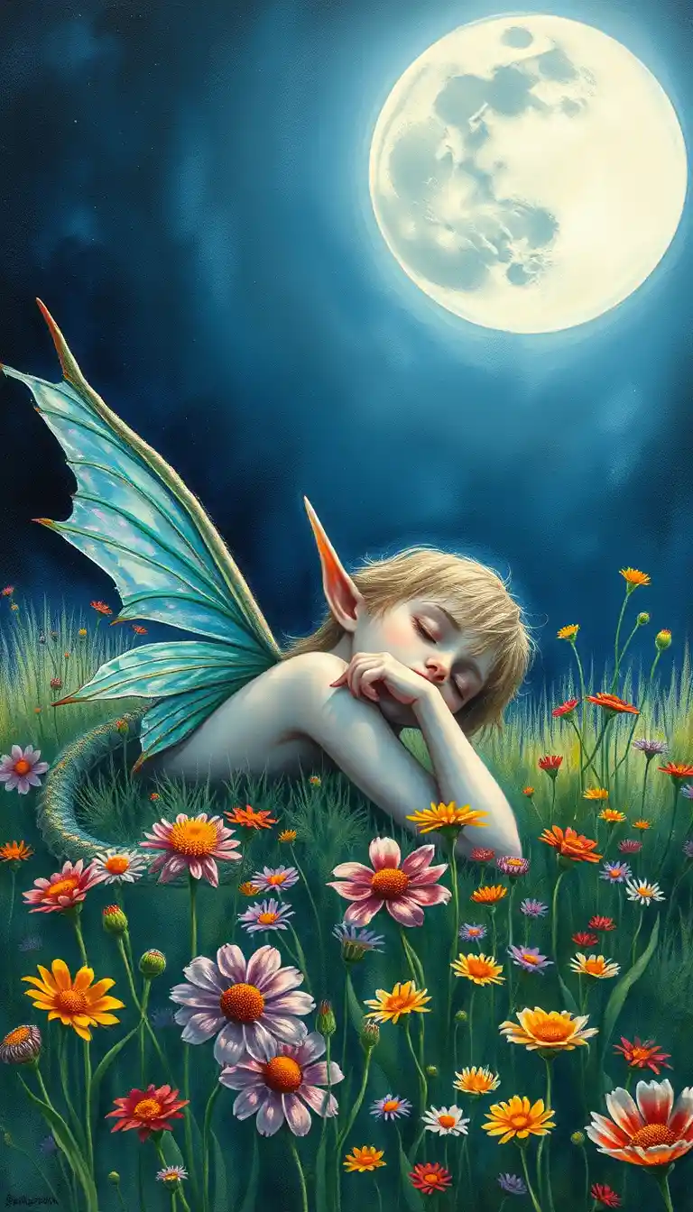 Sleeping elf fairy under moonlight in a wildflower meadow