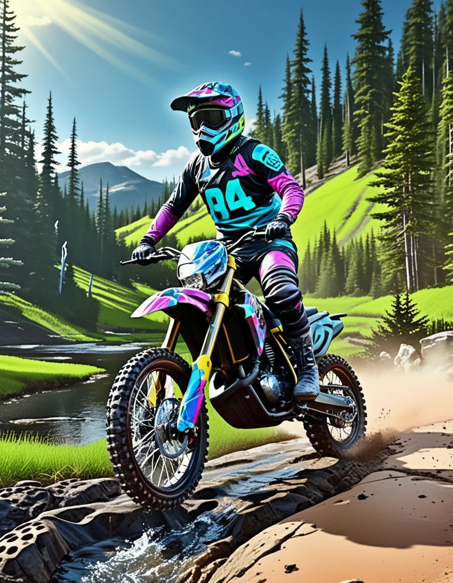 Piloto de motocross loira em moto de terra à beira de um riacho em Montana