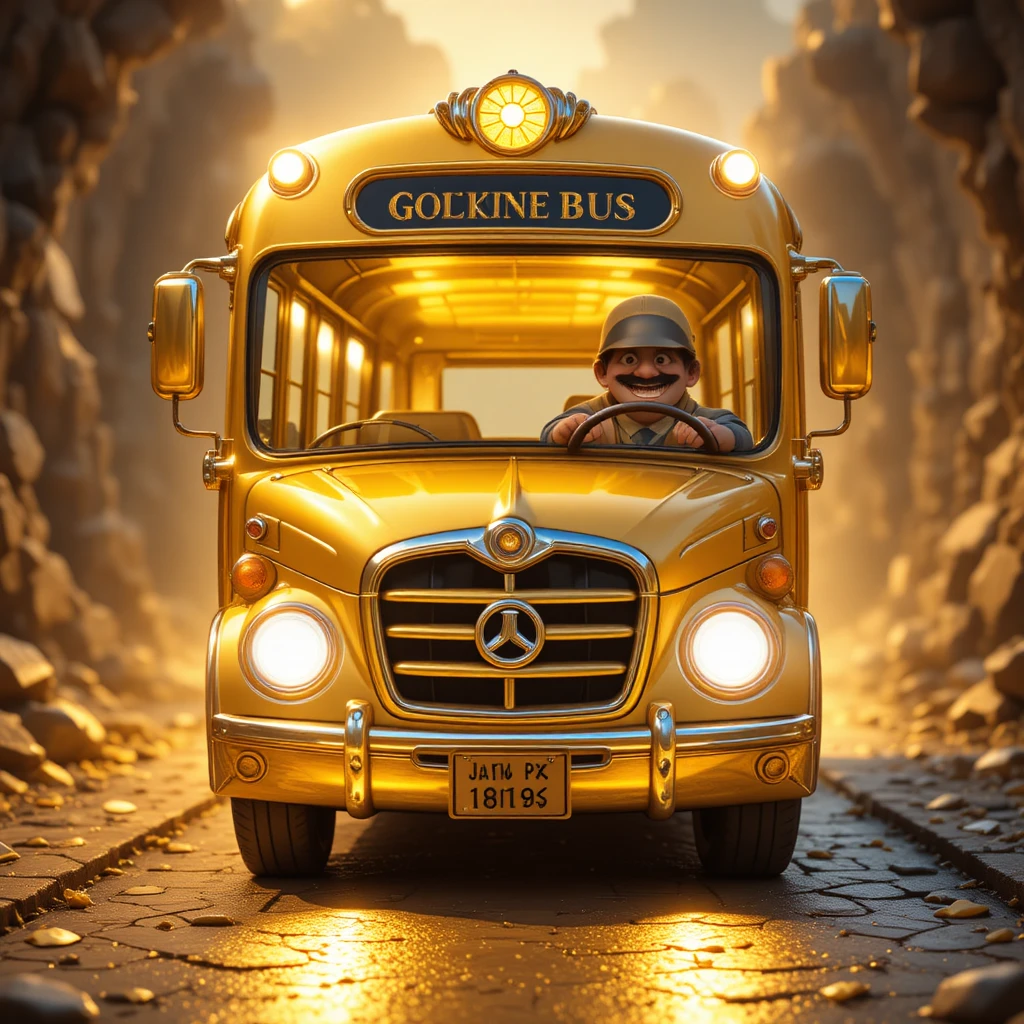 Golden cartoon bus with smiling face on glowing road