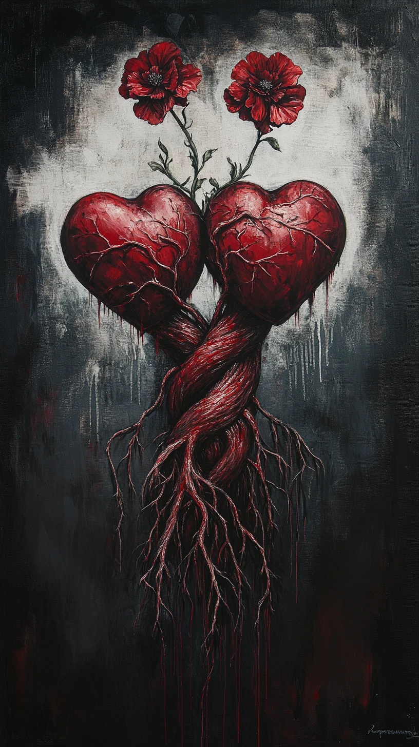 Two fused anatomical hearts with shared blooming flowers