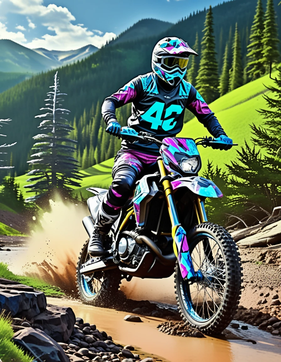 Pilota de motocross loira em moto de trilha ao lado de riacho em Montana
