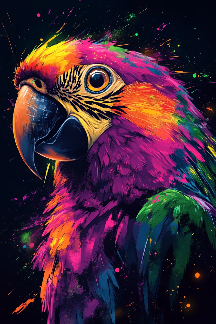 Retrato de papagaio neon com cores fluorescentes vibrantes
