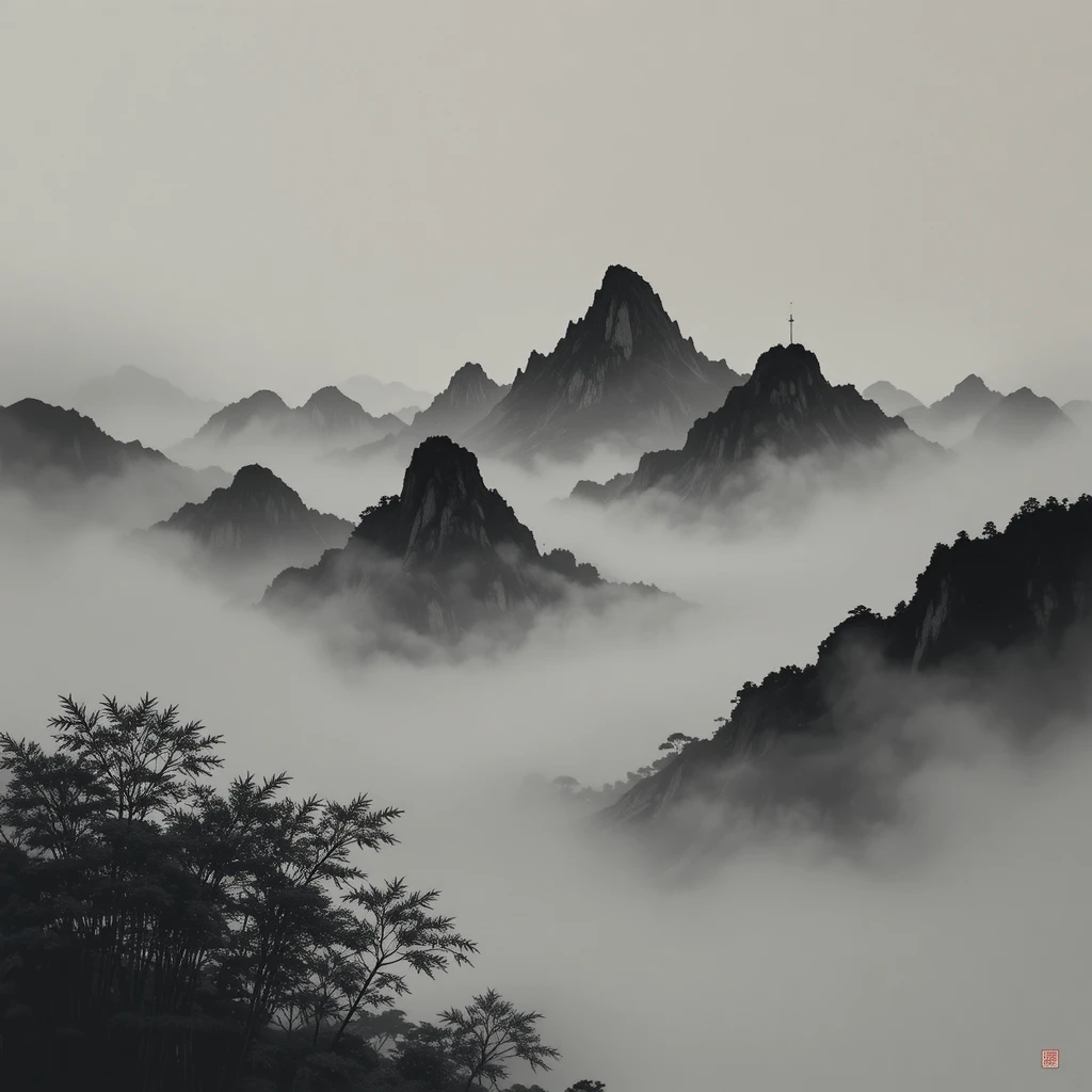 Picos de montanha enevoados surgindo acima da névoa com bosque de bambu