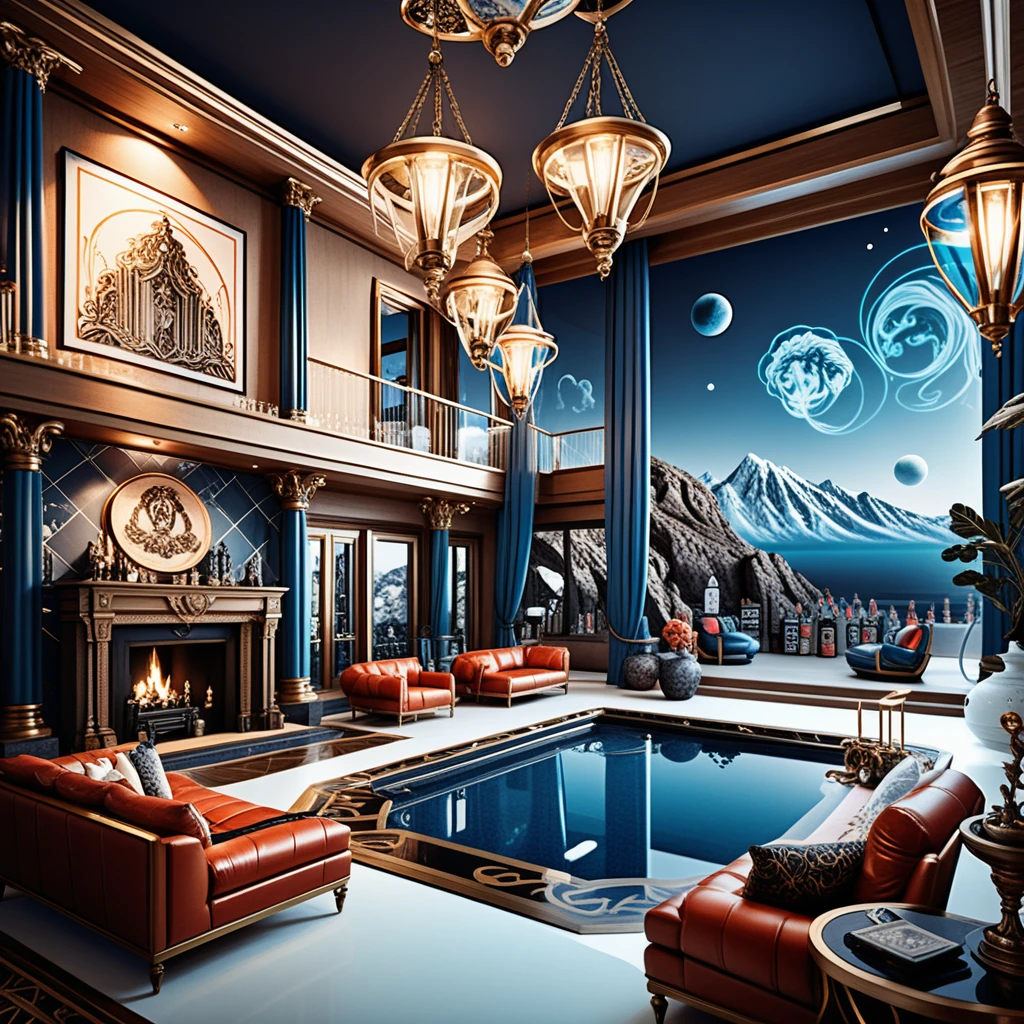 Interior luxuoso de vila de fantasia em estilo celestial isométrico