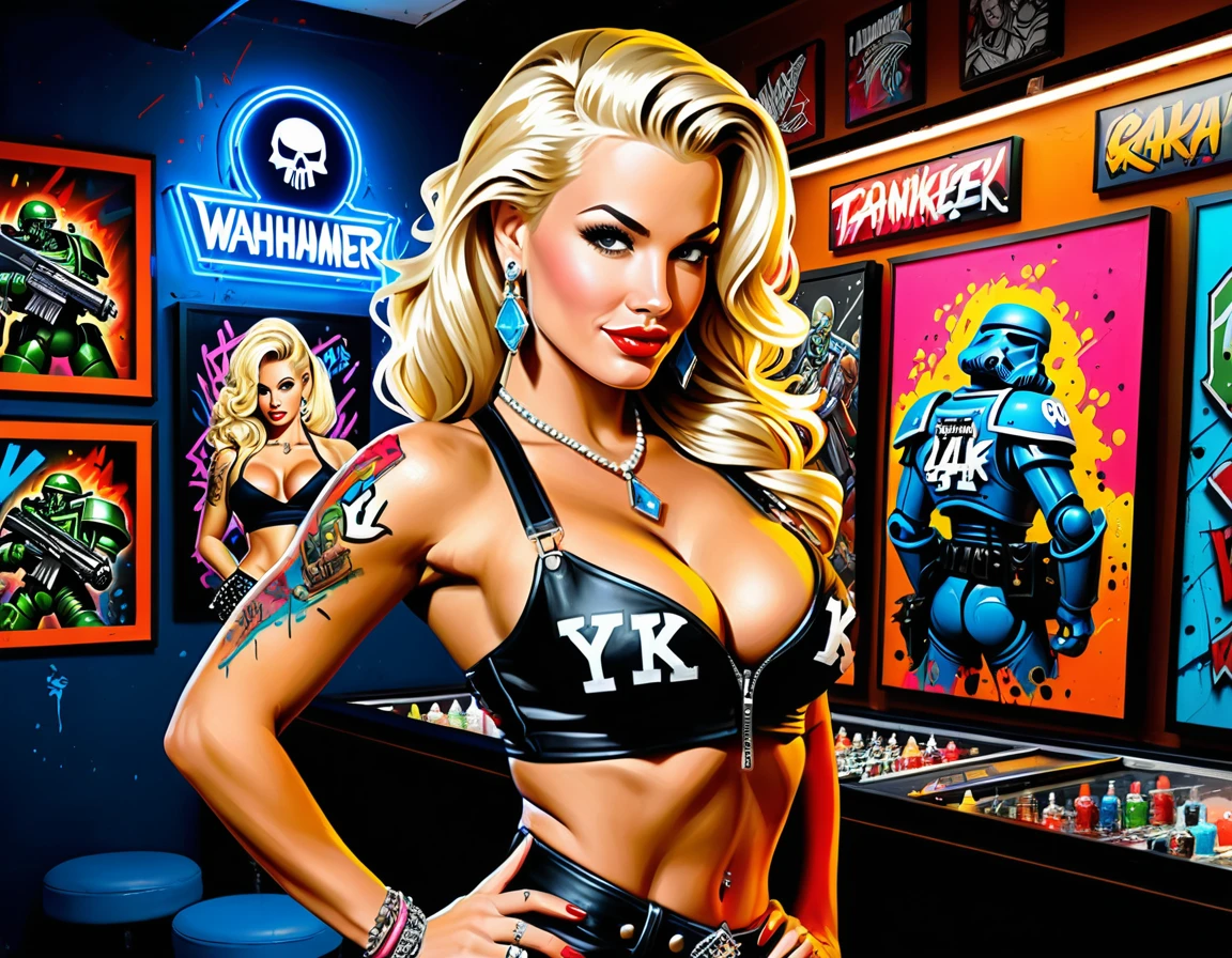 Blonde Pin-up-Verkäuferin posiert in neonbeleuchteter Schmuckboutique
