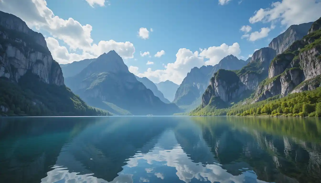 Falaises brumeuses reflétées dans un paisible lac de montagne miroitant