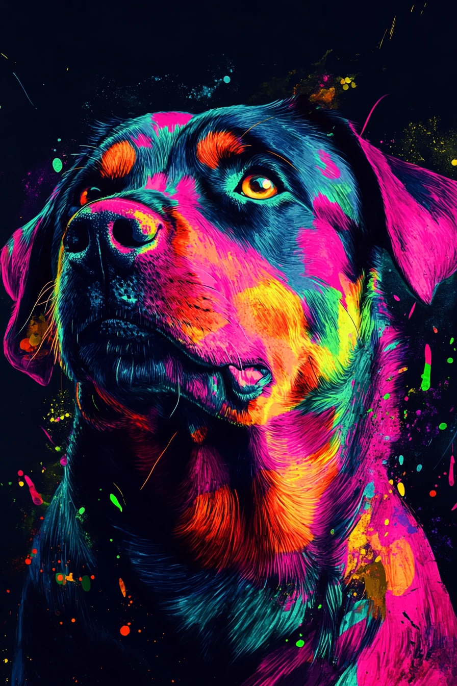 Retrato de rottweiler em neon com vibrantes respingos de tinta abstrata