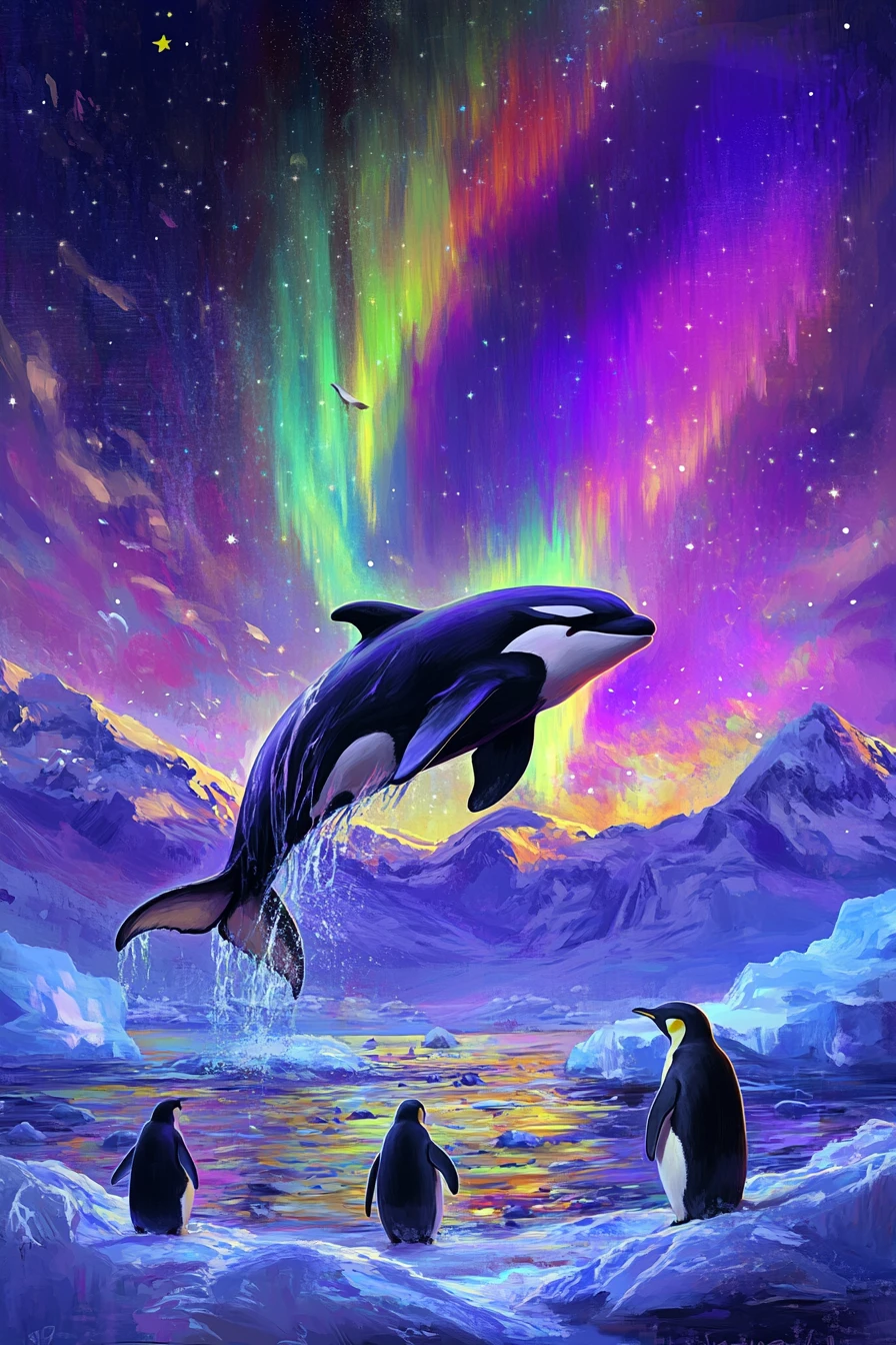 オーロラに照らされた北極のシーン：跳ねるシャチとペンギン