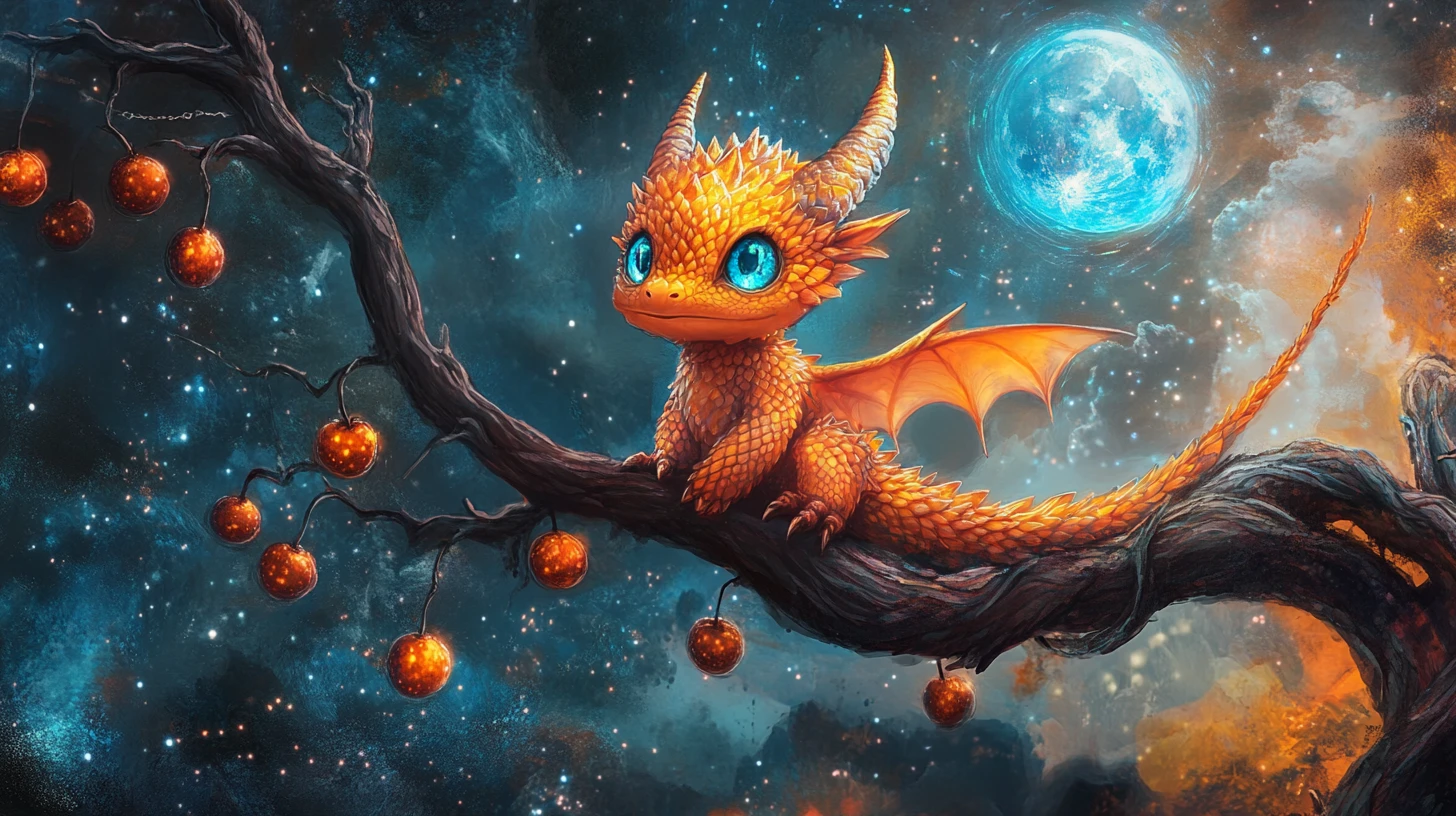 Surreal baby dragon on an impossible cosmic branch