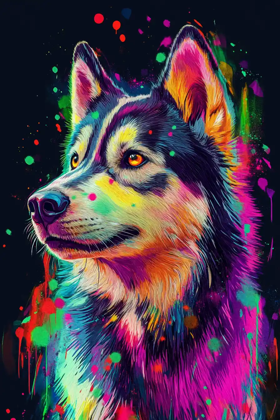 Neon Siberian husky portrait in vibrant fluorescent colors
