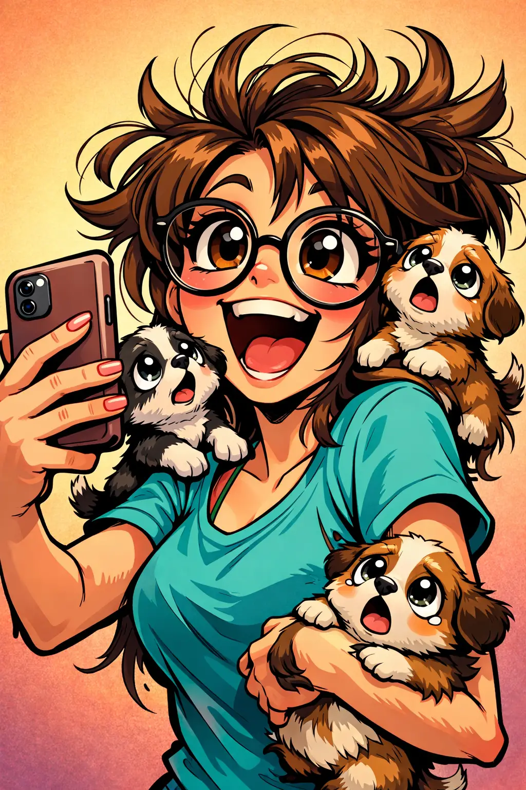 Mamma cane a cartone animato che si scatta un selfie caotico con i cuccioli