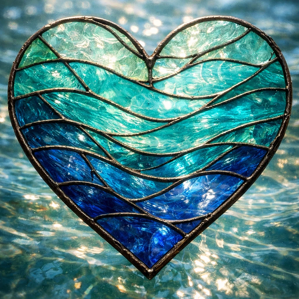 Coração de vitral em tons de azul em camadas inspirados no oceano