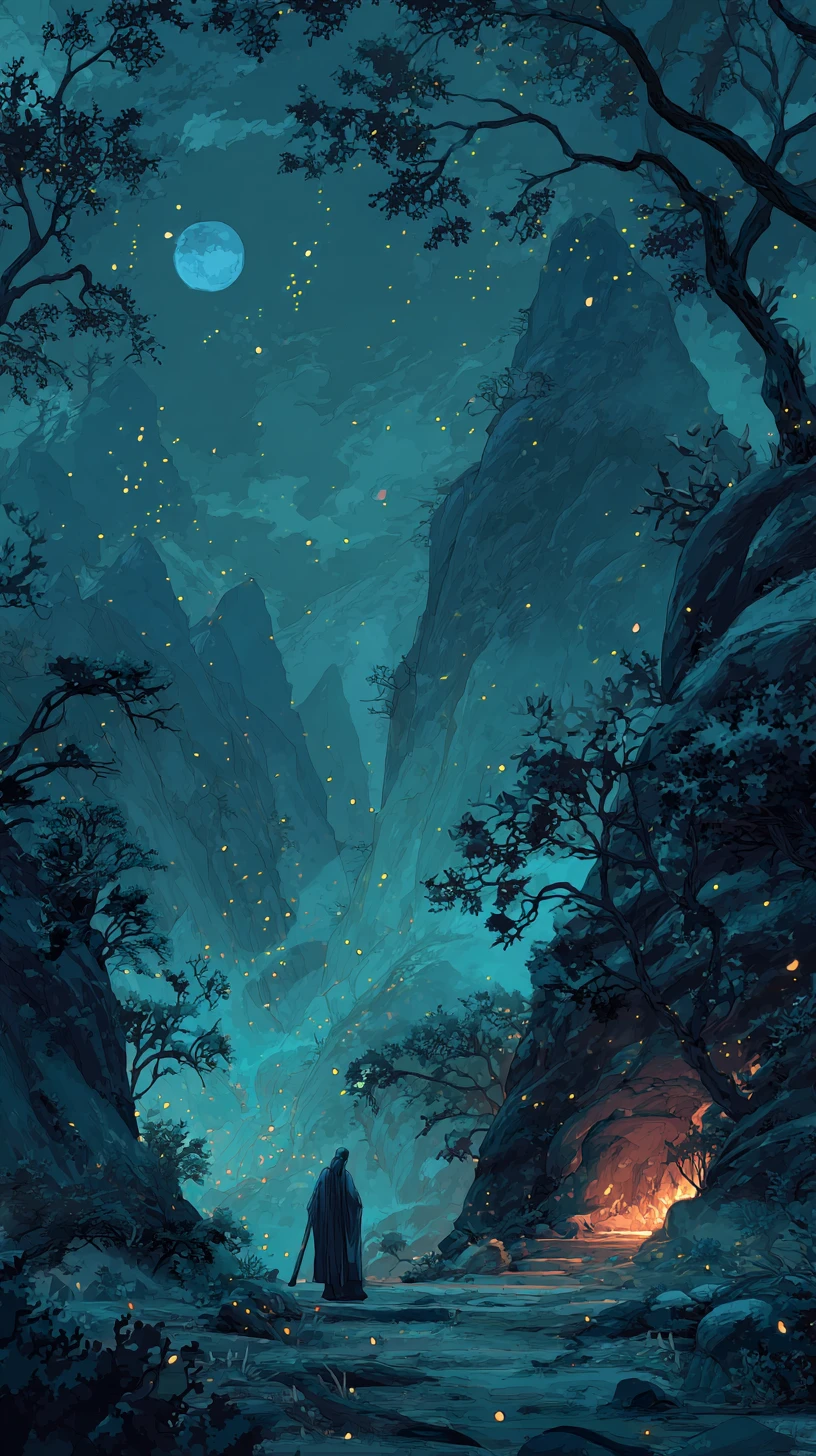 Créature mystique en robe dans un paysage de montagne dark fantasy