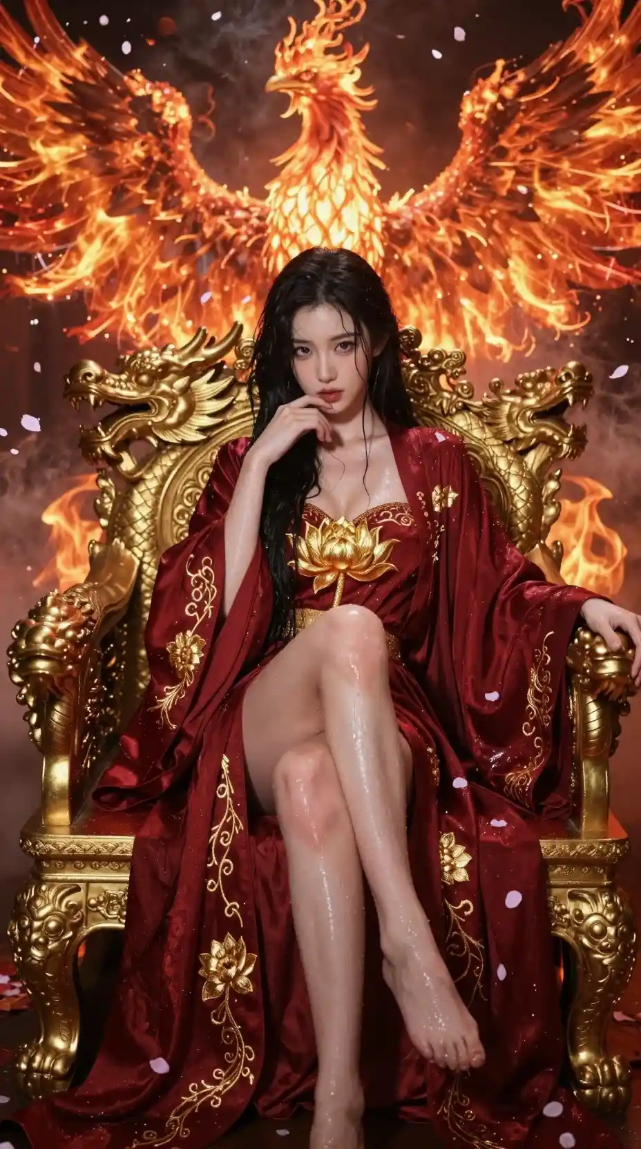 황금 용 왕좌에 앉은 위엄 있는 동아시아 여제