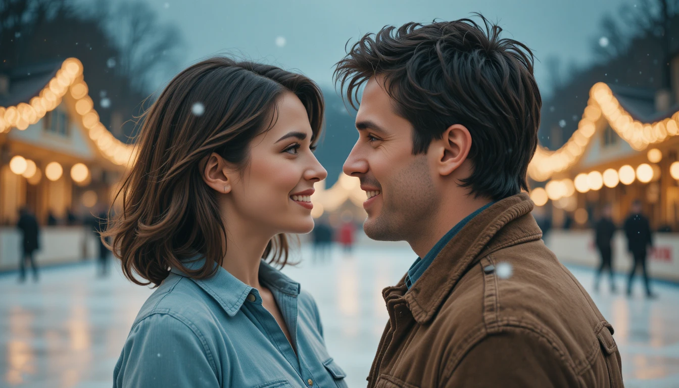 Pareja romántica sonriendo en una pista de hielo al aire libre al anochecer