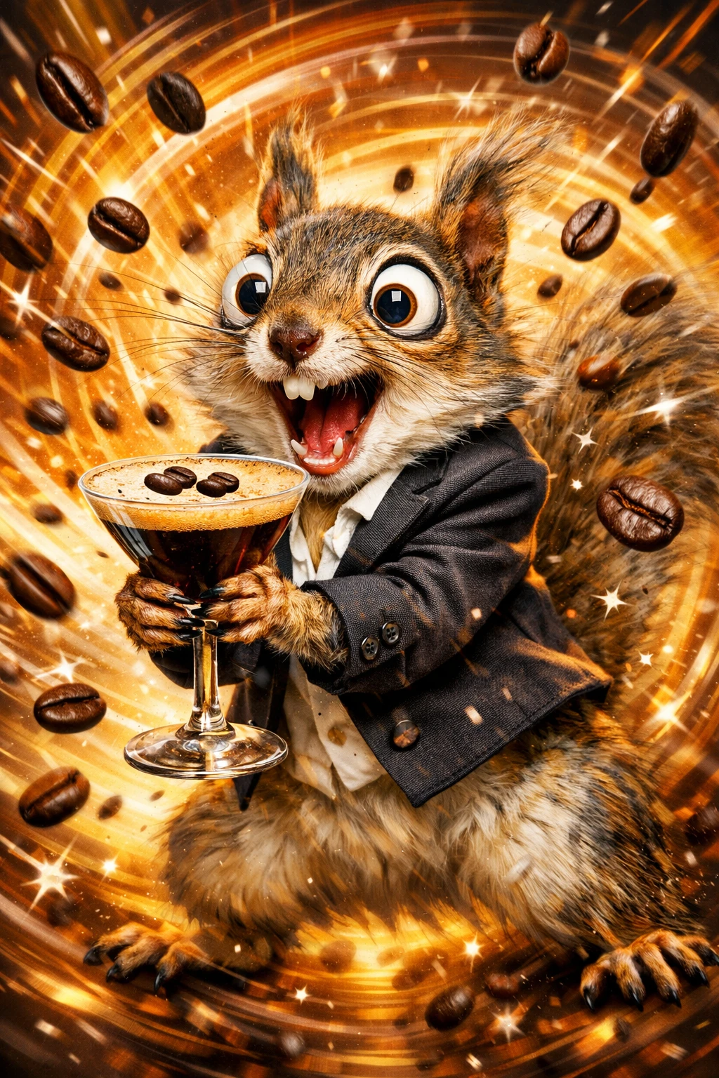 Esquilo frenético de blazer minúsculo segurando um espresso martini