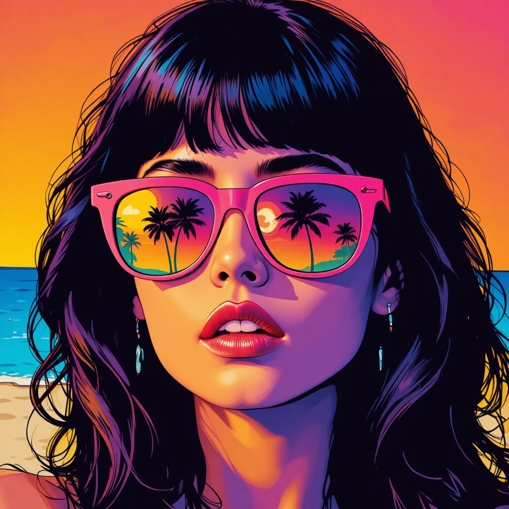 Primo piano pop art di donna con occhiali da sole sulla spiaggia di Malibu