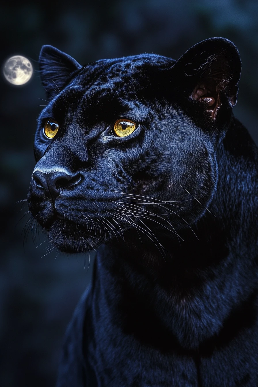 Close up black panther portrait under a glowing full moon