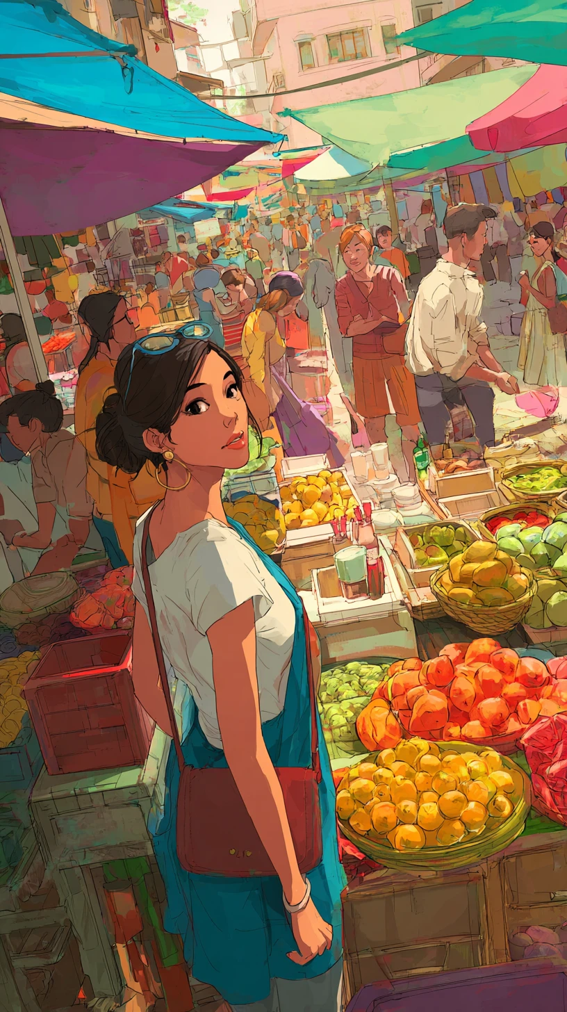 Mulher escolhendo frutas exóticas em um mercado de rua movimentado