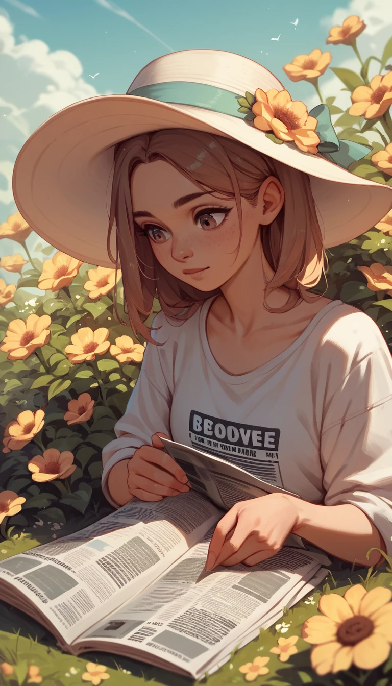 Cute bee reading a newspaper on a flower in sunlight