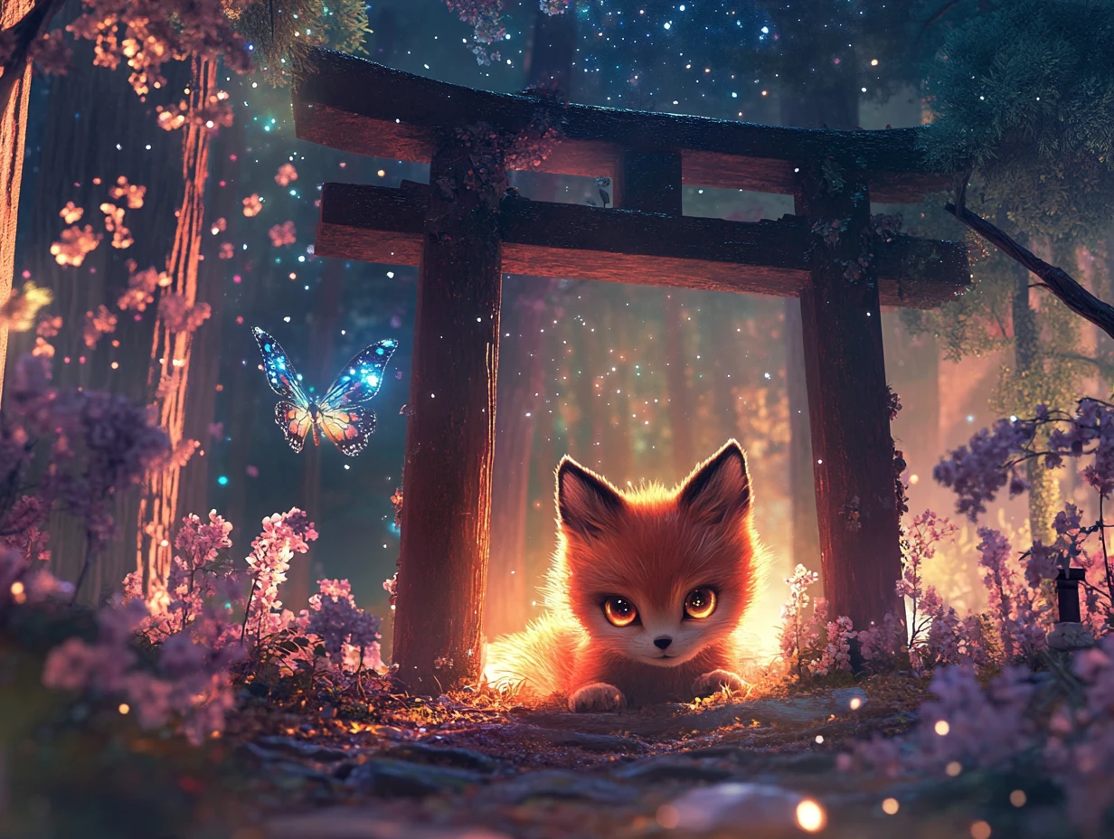 Baby-Kitsune unter einem Torii-Tor im leuchtenden Schreinhain