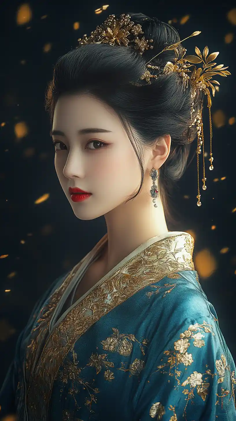 Elegante asiatische Frau im blaugrünen Hanfu mit goldenem Leuchten