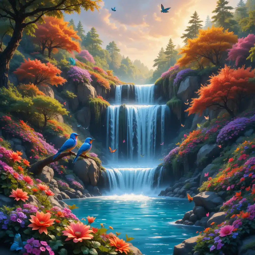 Magical Forest Waterfall With Colorful Birds And Butterflies