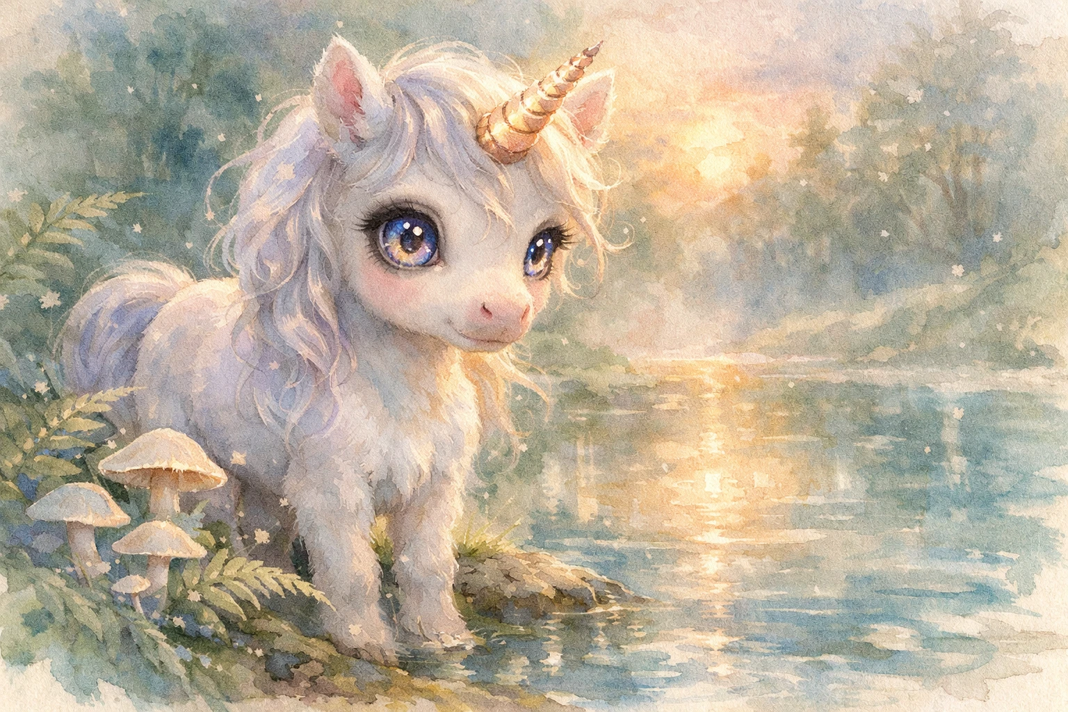 Baby-Einhorn an einer Waldquelle im sanften Morgenlicht