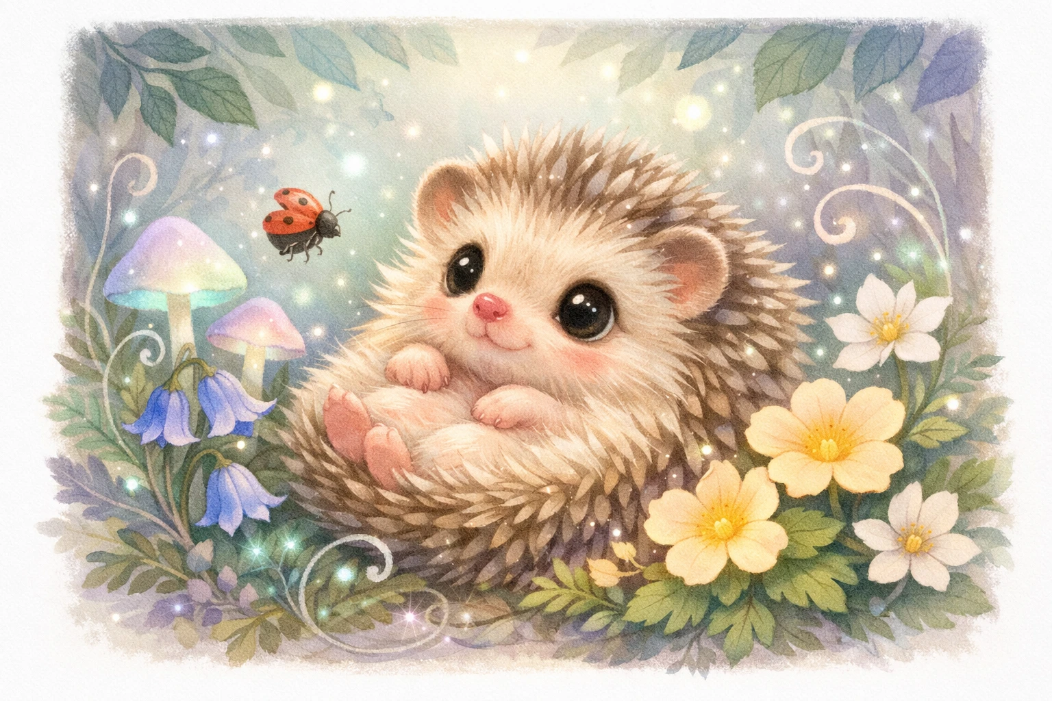 Filhote de ouriço em ilustração de berçário na floresta luminosa