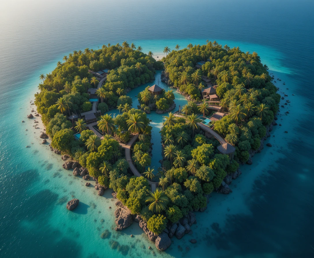 Vista aerea di un'isola tropicale eco a forma di cuore al tramonto