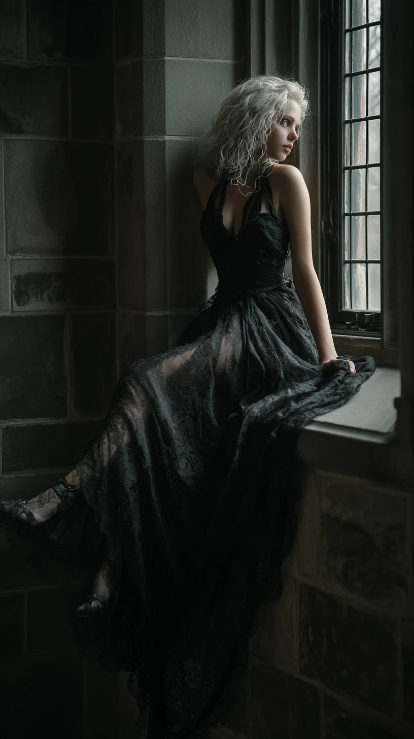 Gothic princess climbing through a moonlit castle window