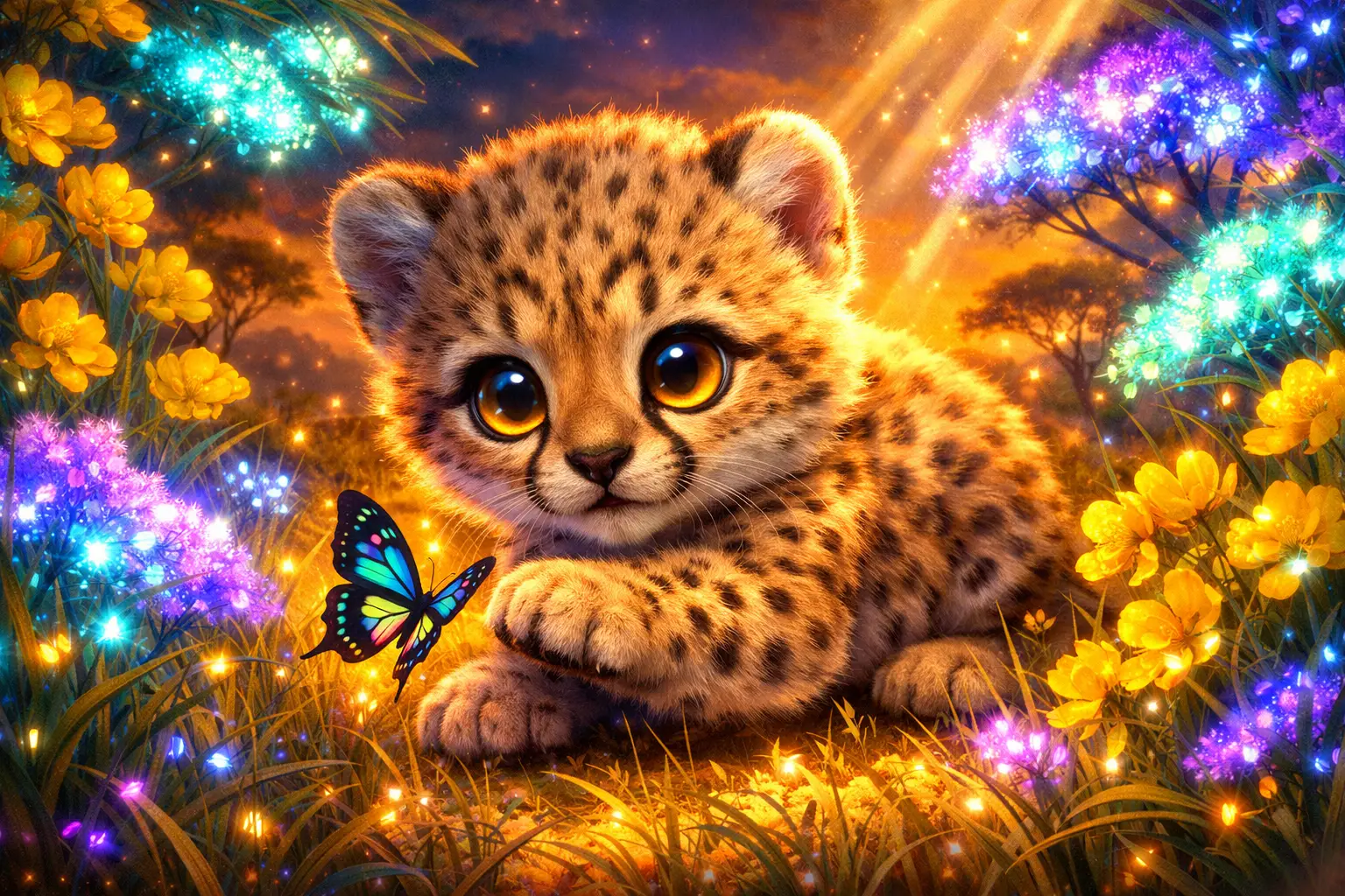 Adorable bébé guépard jouant avec un papillon lumineux