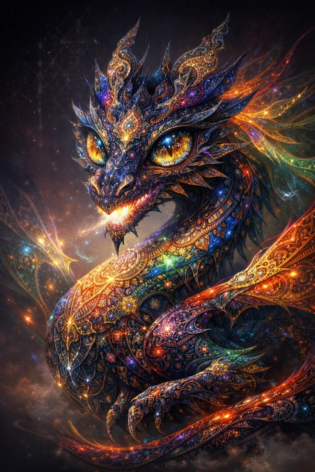Dragon cosmique surréaliste formé de motifs géométriques changeants