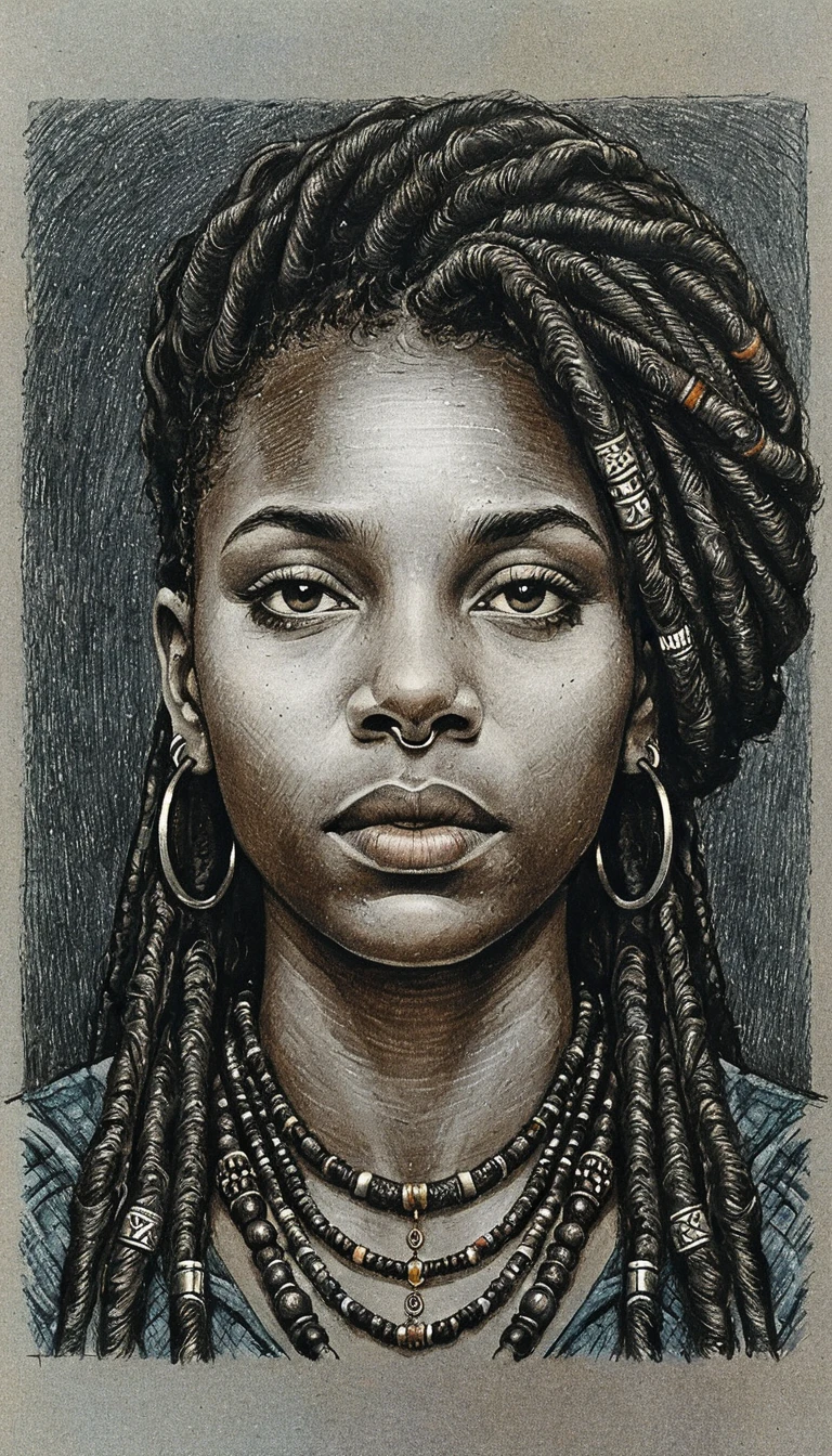 Dramatic bust portrait of a black woman with locs and piercings