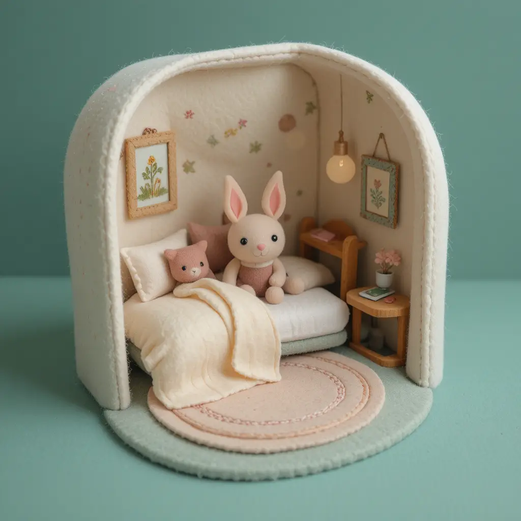 Accogliente camera da letto in miniatura di feltro con piccolo letto e tappeto