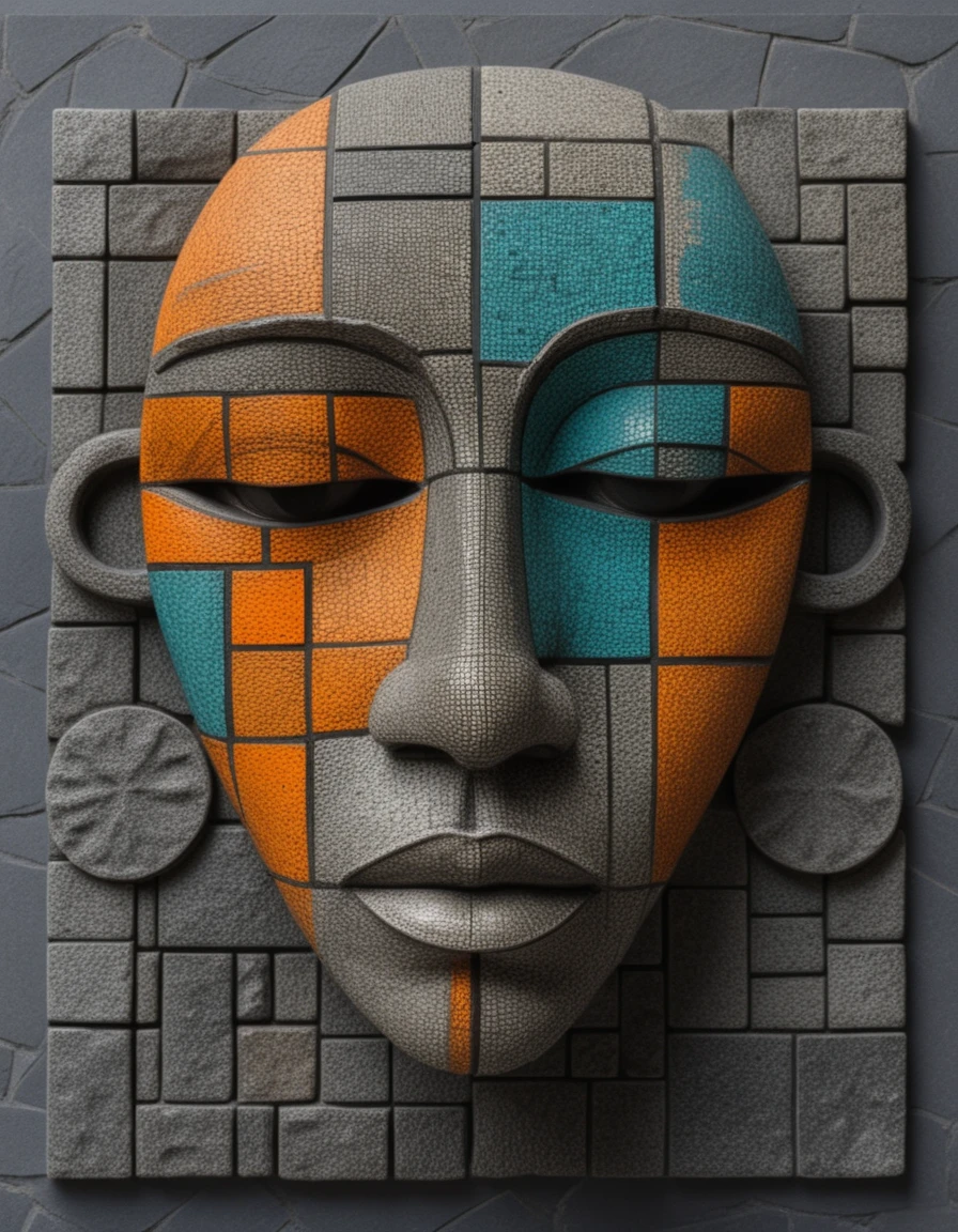 Farbenfrohe keramische Mosaik-Tribalmaske als Skulptur in Nahaufnahme