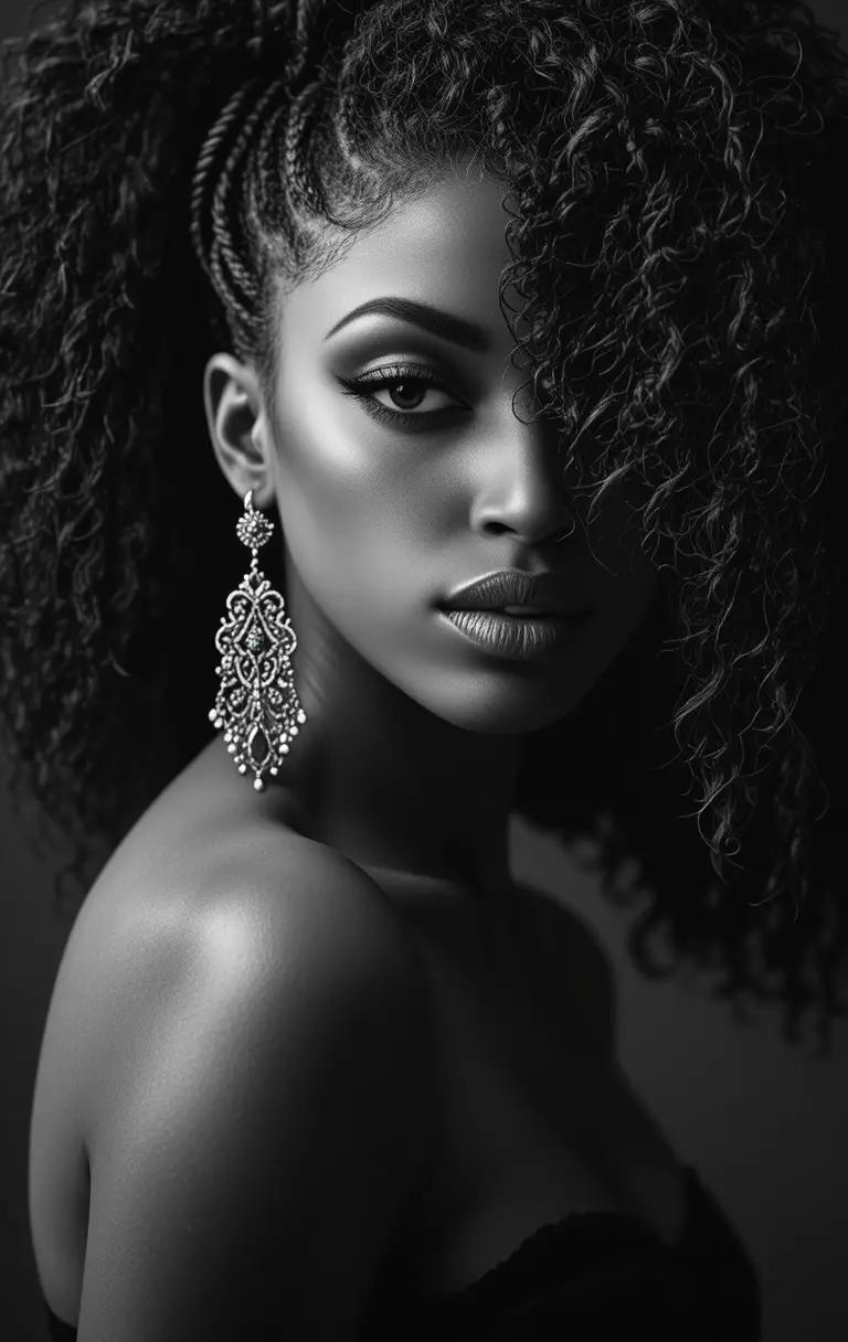 Black and white portrait of a woman with afro hair