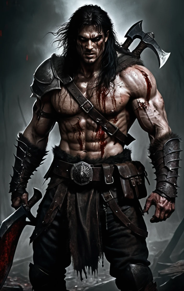 Grim warrior holding a bloody axe against a black background