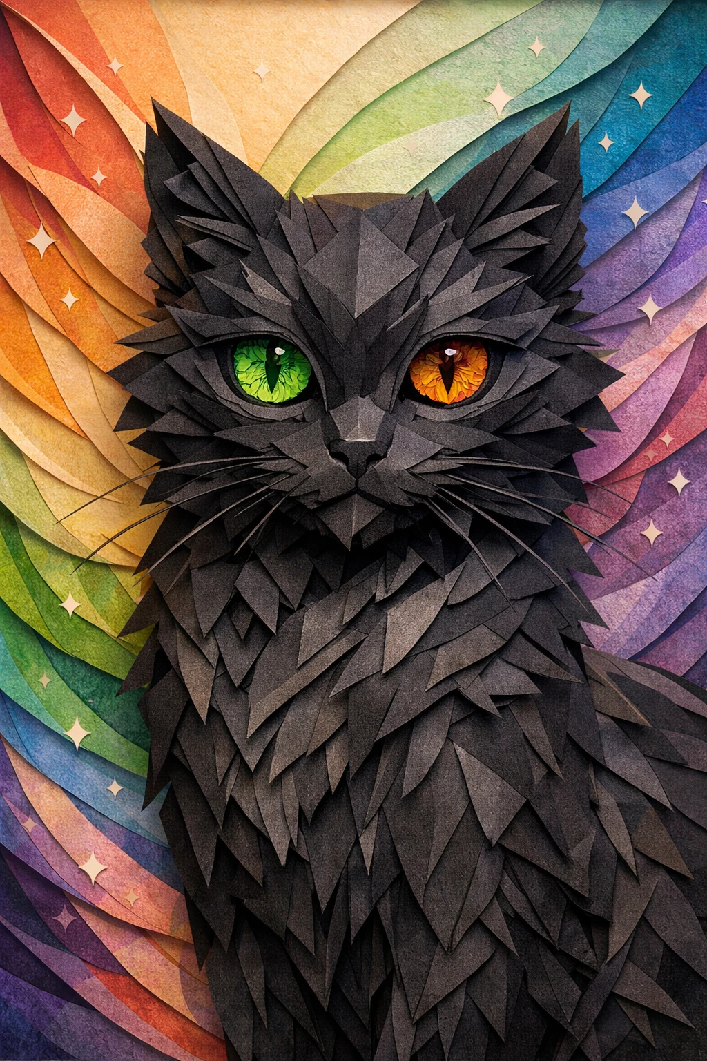Gato preto em papercraft com heterocromia em fundo de papel arco-íris