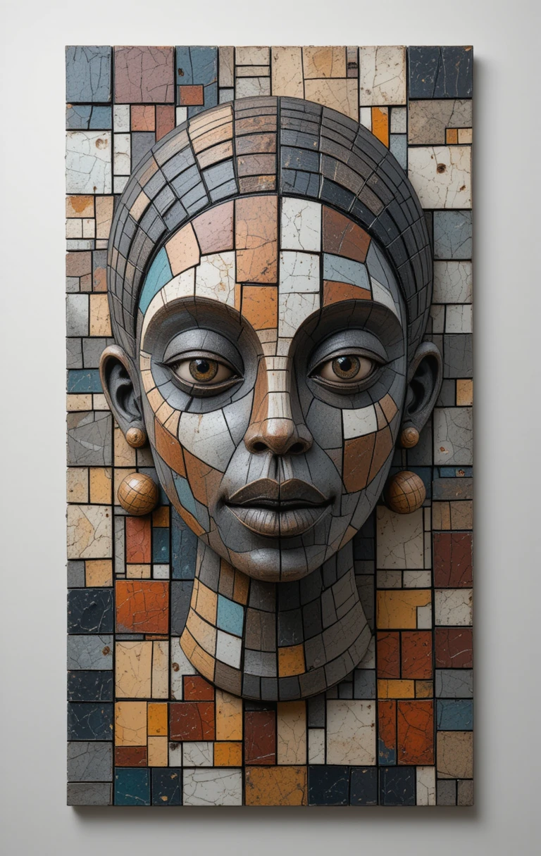 Escultura de parede de máscara tribal africana em mosaico cerâmico colorido