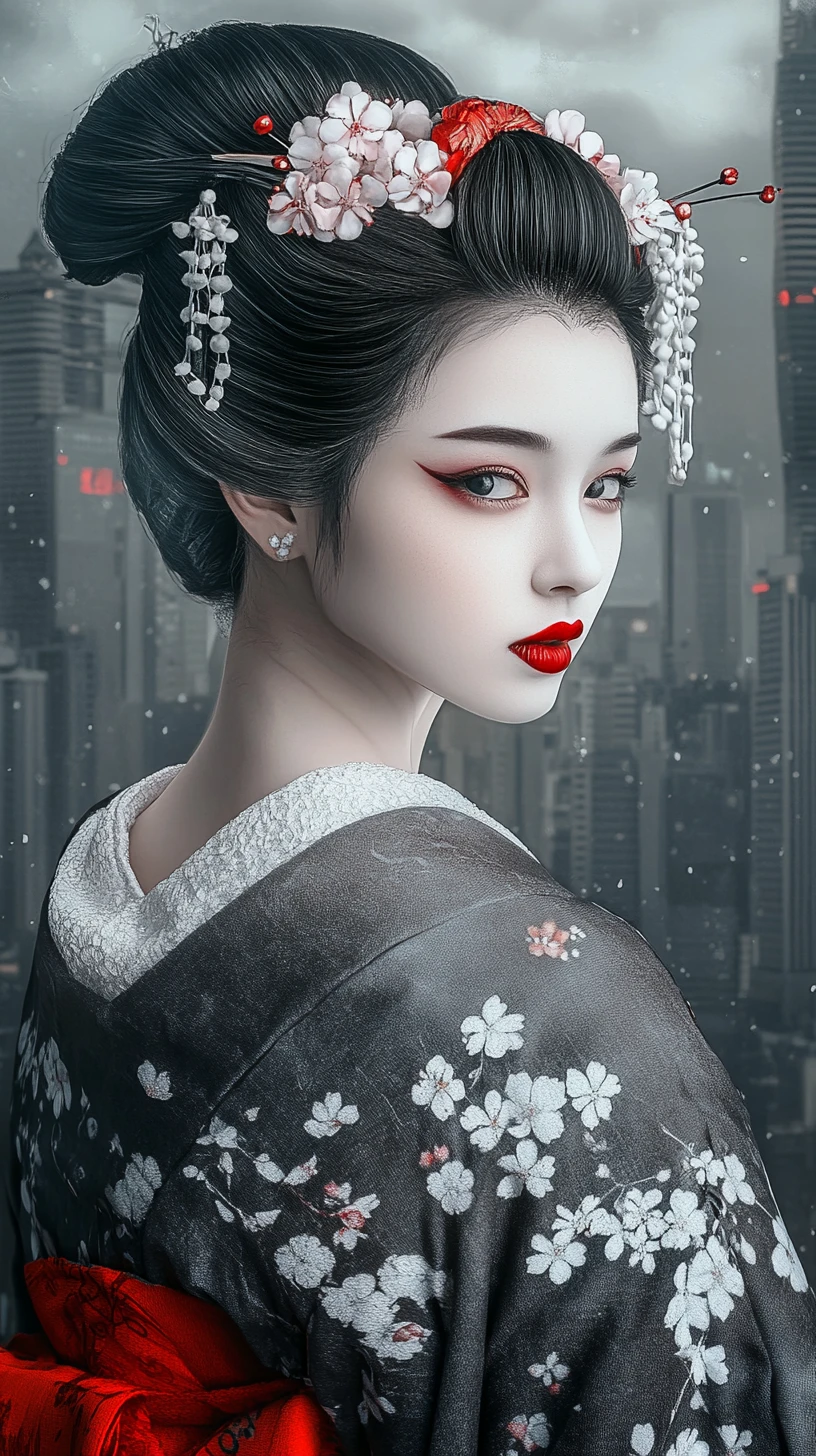 Ritratto di geisha contro uno skyline urbano moderno in scala di grigi e atmosfera cupa