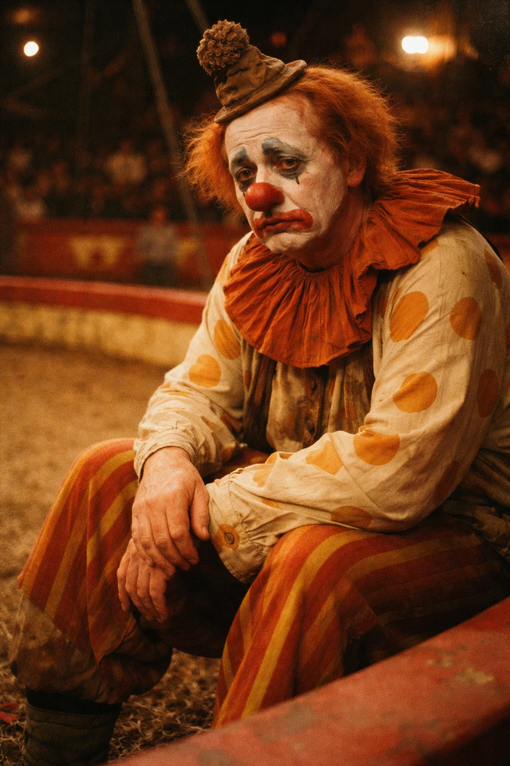 Palhaço triste sentado sozinho na beira de um picadeiro de circo