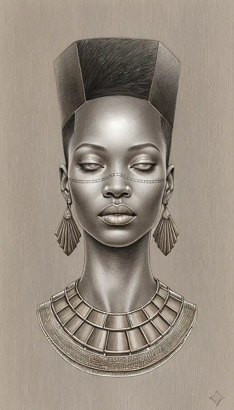 Buste en graphite d’une femme africaine avec coiffure sculpturale