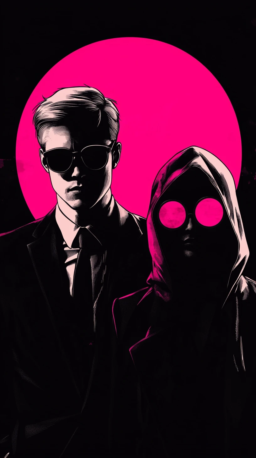 Noir silhouettes with neon magenta sun and bold contrast