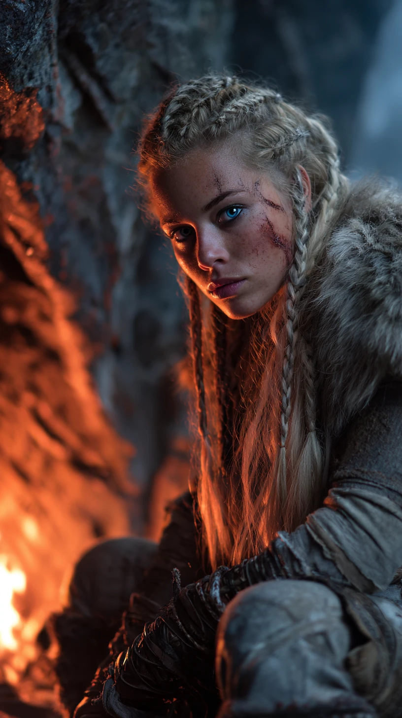 Viking warrior woman resting in a shadowy cave